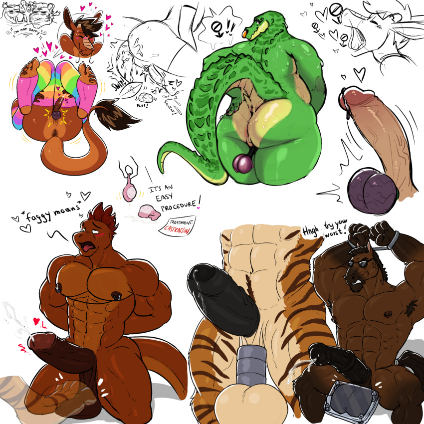 1:1 abs animal_genitalia animal_penis anthro anus areola backsack balls barbel_(anatomy) big_balls biped bodily_fluids bound brown_body butt castration clothing cock_and_ball_torture countershade_fur countershade_tail countershade_torso countershading crocodilian dragon duo eastern_dragon english_text equid equine equine_genitalia equine_penis erection felid flared_penis flesh_whiskers foreskin fur genital_fluids genital_mutilation genital_torture genitals glans group hi_res horse humanoid_genitalia humanoid_penis legwear male mammal medial_ring multicolored_clothing multicolored_legwear multicolored_thigh_highs multiple_images mutilation nipples pantherine pecs penis perineum poppin precum rainbow_clothing rainbow_legwear rainbow_thigh_highs reptile scalie severed_testicle solo striped_body striped_fur stripes tail tail_tuft text thigh_highs tiger trio tuft zan_(poppin)