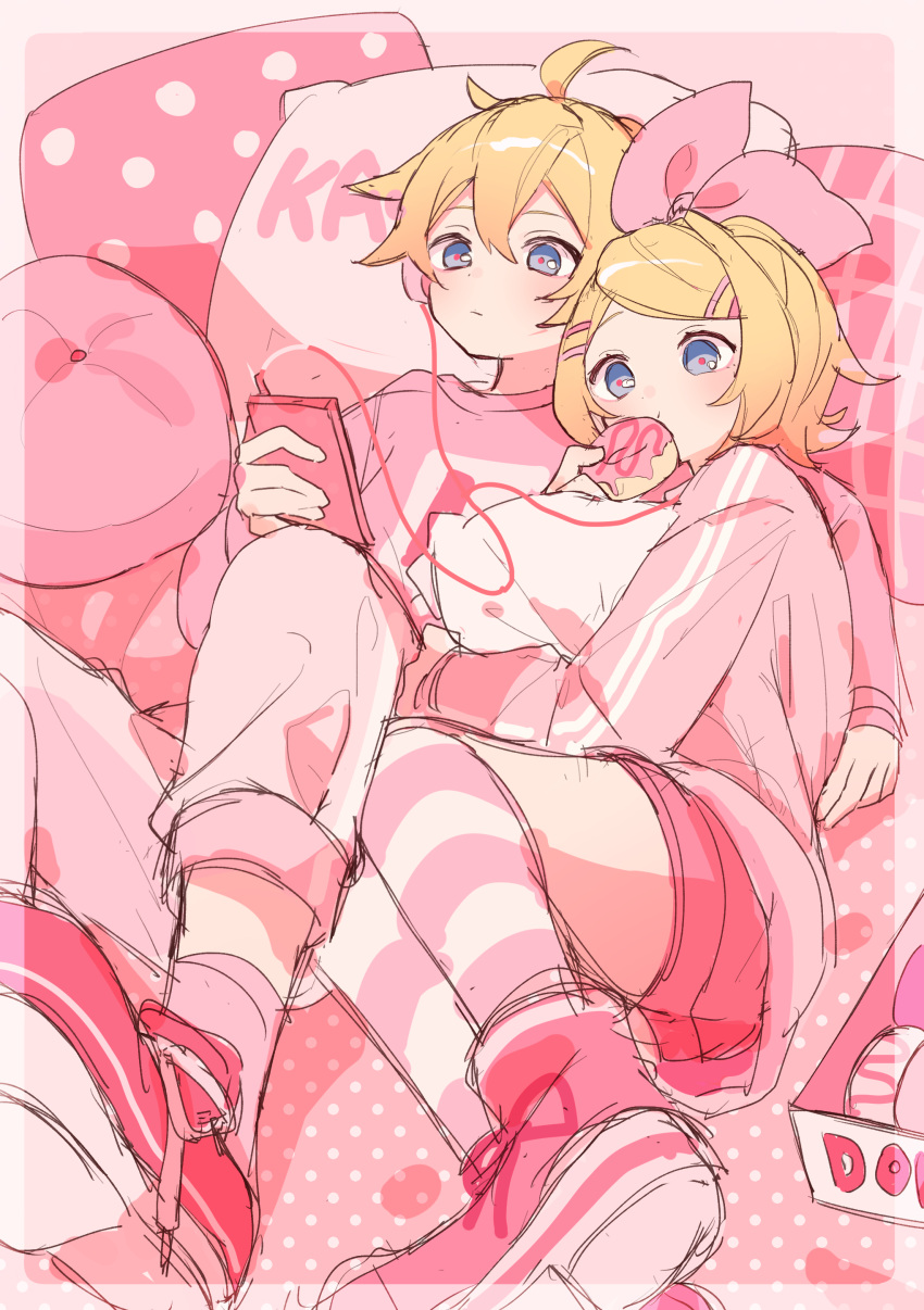 1boy 1girl :t absurdres ahoge arm_around_shoulder bed_sheet blonde_hair blue_eyes bow character_name double_vertical_stripe doughnut earphones eating food foreshortening hair_between_eyes hair_bow hair_ornament hairclip highres holding holding_doughnut holding_food holding_phone hug hugging_object in_cell kagamine_len kagamine_rin kneehighs looking_at_object looking_at_phone lying on_back on_side pants phone pillow pillow_hug pink_bow pink_footwear pink_pants pink_pillow pink_polka_dots pink_pupils pink_shorts pink_socks pink_sweater pink_theme plaid_pillow polka_dot sazanami_(ripple1996) shared_earphones shoes short_hair shorts sneakers socks spiked_hair striped striped_socks sweater swept_bangs vocaloid