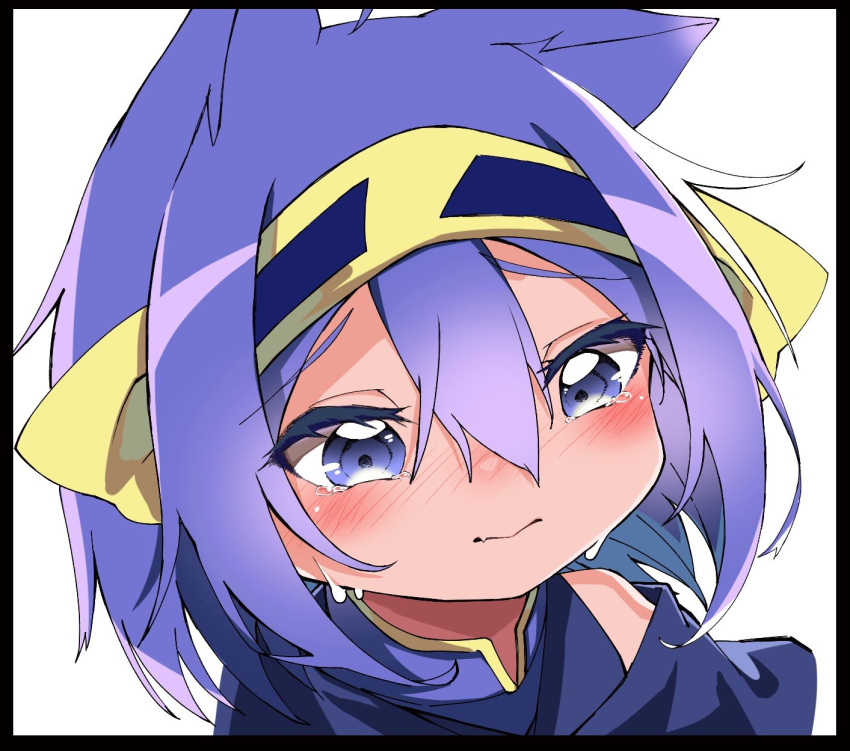 1girl animal_ears atsu_toushirou_(tenka_hyakken) bare_shoulders black_border blue_capelet blue_eyes blue_hair blush border capelet cat_ears close-up closed_mouth commentary crop_top crying crying_with_eyes_open eyelashes hairband highres mikanbako320 short_hair sleeveless solo tears tenka_hyakken white_background yellow_hairband