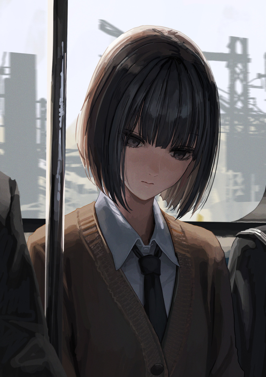 1girl absurdres ao_desu2222 bangs black_eyes black_hair black_necktie bob_cut brown_cardigan cardigan closed_mouth collared_shirt crane_(machine) expressionless ground_vehicle highres industrial necktie original shirt short_hair solo_focus train upper_body white_shirt