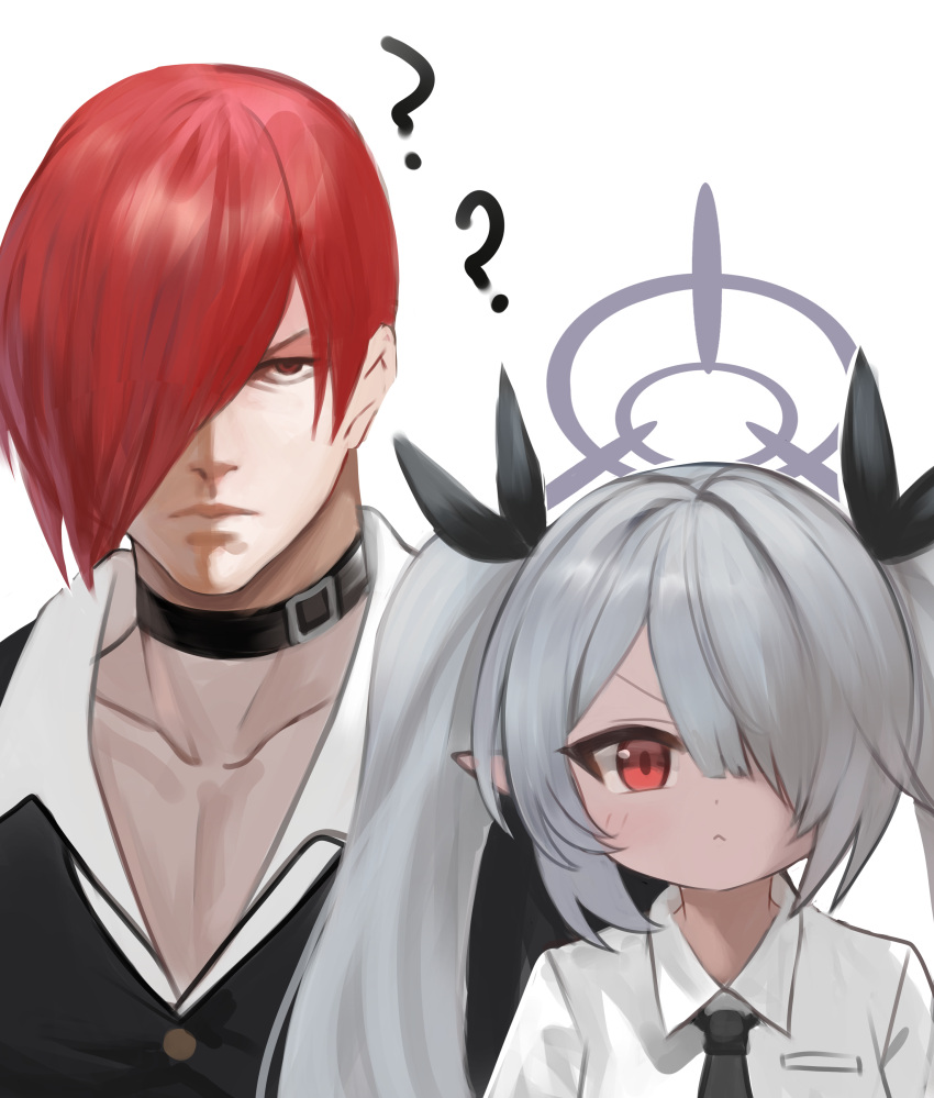 1boy 1girl ? absurdres asymmetrical_bangs black_choker black_shirt blue_archive choker collarbone commentary_request crossover dark-skinned_female dark_skin dokomon grey_hair hair_over_one_eye halo highres iori_(blue_archive) korean_commentary long_bangs looking_at_viewer name_connection one_eye_covered red_hair shirt simple_background the_king_of_fighters twintails upper_body white_background yagami_iori