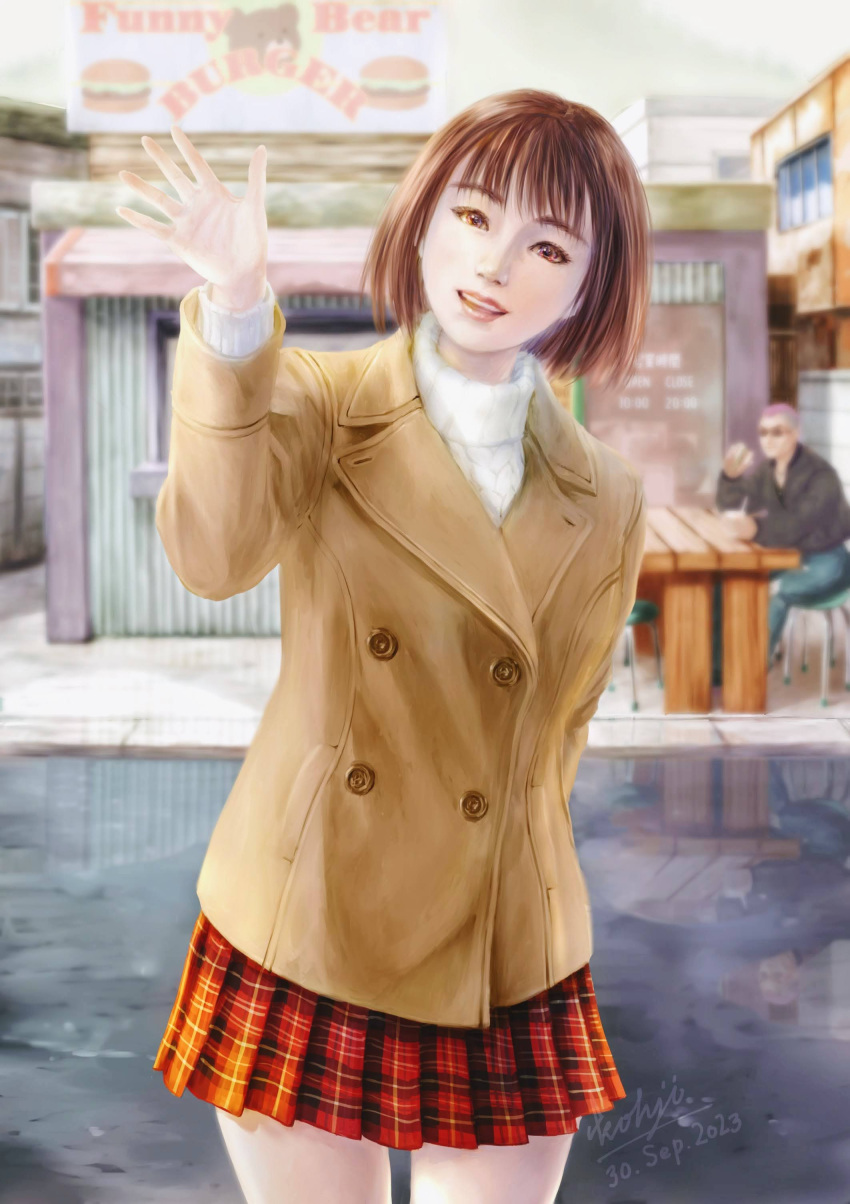 1boy 1girl absurdres arm_behind_back bob_cut brown_coat brown_eyes brown_hair building burger coat collared_coat day food food_stand harasaki_nozomi head_tilt highres kohji long_sleeves looking_at_viewer medium_hair open_hand open_mouth outdoors pleated_skirt puddle red_skirt reflection reflective_water road shenmue shenmue_the_animation skirt smile solo_focus stool street sweater table thighs turtleneck turtleneck_sweater waving white_sweater