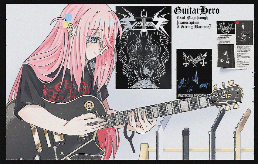 1girl ahoge black_shirt blue_eyes bocchi_the_rock! cube_hair_ornament electric_guitar gibson_les_paul gotoh_hitori guitar hair_ornament highres holding holding_plectrum instrument irreligiositat long_hair pink_hair playing_guitar plectrum poster_(object) print_shirt shirt white_background