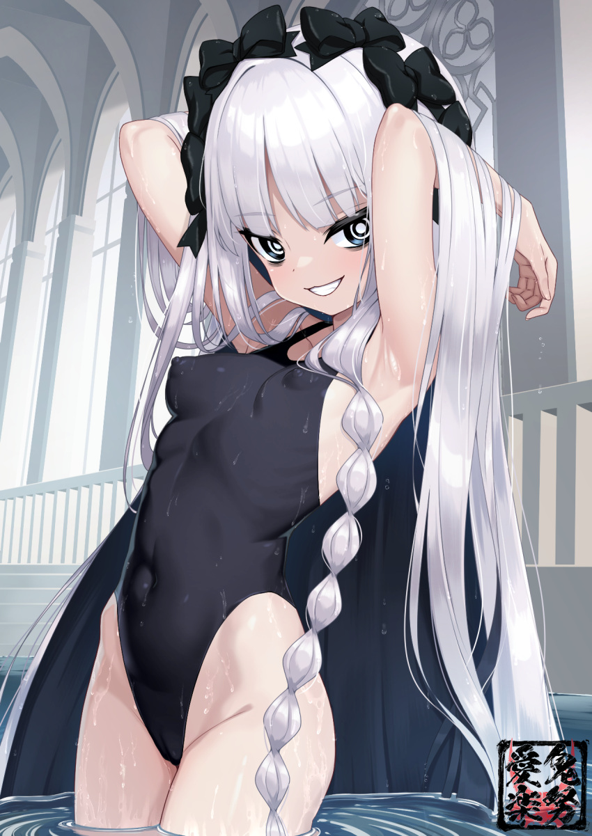 1girl armpits arms_up black_bow black_one-piece_swimsuit blue_eyes blue_hair bow braid breasts censored colored_inner_hair commentary_request covered_navel covered_nipples fate/strange_fake fate_(series) francesca_prelati_(fate) grin hair_bow highres kido_airaku long_hair looking_at_viewer mosaic_censoring multicolored_hair multiple_hair_bows navel one-piece_swimsuit pussy small_breasts smile solo stomach swimsuit two-tone_hair very_long_hair wading white_hair
