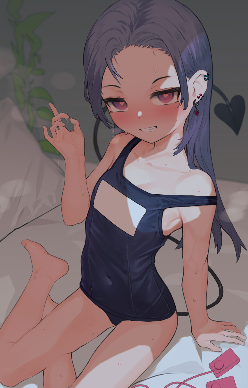 1girl armpits blue_hair breasts clenched_teeth commentary_request demon_girl demon_tail ear_piercing earrings heart heart-shaped_pupils heart_earrings highres jewelry long_hair looking_at_viewer madana_(xesa7885) off-shoulder_one-piece_swimsuit off_shoulder one-piece_swimsuit original piercing red_eyes school_swimsuit sitting small_breasts smile solo swimsuit symbol-shaped_pupils tail teeth