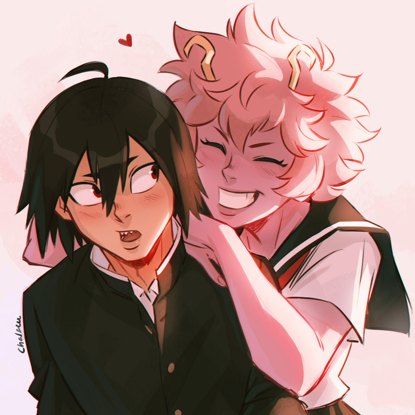 1boy 1girl aged_down ahoge artist_name ashido_mina black_hair boku_no_hero_academia chalseu colored_skin commentary gakuran grin hair_between_eyes heart hetero highres kirishima_eijirou open_mouth pink_hair pink_skin red_hair school_uniform serafuku sharp_teeth signature smile symbol-only_commentary teeth