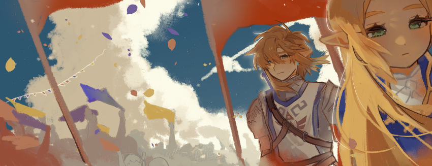 1boy 1girl :| absurdres armor blonde_hair blue_eyes blue_sky closed_mouth cloud commentary confetti crowd day eyelashes flag floating_hair garland_(decoration) green_eyes hair_between_eyes highres link long_hair medium_hair outdoors pointy_ears princess_zelda shanodesu sky soldier's_set_(zelda) symbol-only_commentary the_legend_of_zelda the_legend_of_zelda:_breath_of_the_wild triforce