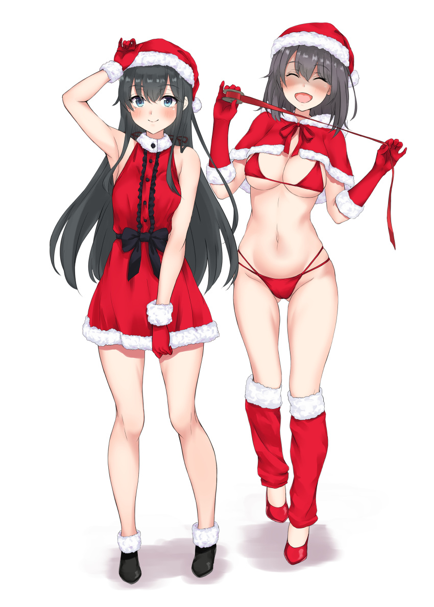 2girls absurdres armpits ass_visible_through_thighs bare_shoulders bikini black_hair blue_eyes blush breasts capelet closed_mouth dress elbow_gloves full_body fur-trimmed_capelet fur-trimmed_dress fur_trim gloves hair_between_eyes hair_ribbon hands_up hat highres long_hair looking_at_viewer medium_breasts meri-san multi-strapped_bikini_bottom multiple_girls navel open_mouth red_bikini red_capelet red_dress red_gloves red_ribbon ribbon santa_bikini santa_gloves santa_hat shaded_face simple_background sleeveless sleeveless_dress smile standing string_bikini swimsuit tape thighs white_background yahari_ore_no_seishun_lovecome_wa_machigatteiru. yukinoshita_haruno yukinoshita_yukino