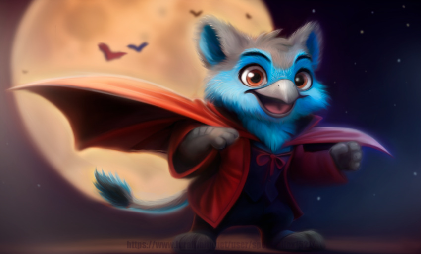 2023 ambient_bat anthro avian bat bat_costume beak blue_body blue_fur brown_eyes clothing costume detailed_background eyebrows fur grey_body grey_fur gryphon halloween_costume hi_res male mammal moon mythological_avian mythology open_mouth sky solo spectralfox1521 standing star tongue watermark zephyr_(bateleurs)