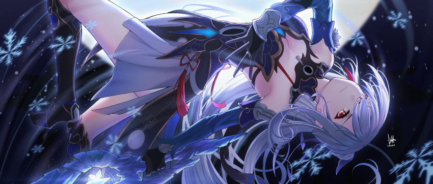 1girl absurdres bare_shoulders black_gloves blue_dress blue_sleeves breasts chinese_clothes cleavage closed_mouth crystal_sword detached_sleeves dress gloves hair_between_eyes high-low_skirt high_ponytail highres holding holding_sword holding_weapon honkai:_star_rail honkai_(series) ice jingliu_(honkai:_star_rail) long_hair long_sleeves looking_at_viewer medium_breasts red_eyes snowflakes solo sword upside-down varhan_zuhair weapon white_hair