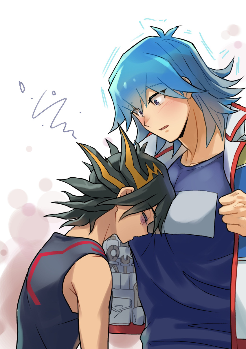2boys absurdres bags_under_eyes black_hair black_tank_top blue_hair blue_shirt blush bruno_(yu-gi-oh!) fudou_yuusei grey_eyes hand_up head_on_chest highres jacket leaning_forward male_focus multicolored_hair multiple_boys open_clothes open_jacket open_mouth pocket shirt short_hair simple_background sleepy spiked_hair streaked_hair t-shirt tank_top utility_vest white_jacket wrench yaoi youko-shima yu-gi-oh! yu-gi-oh!_5d's