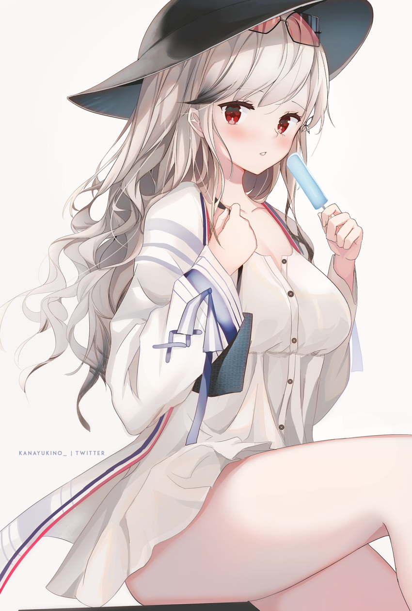 1girl artist_name azur_lane bag black_bag black_hair black_headwear blue_ribbon blush breasts buttons collarbone dress dunkerque_(azur_lane) eyewear_on_head fingernails food gradient_hair grey_hair hair_between_eyes hands_up hat highres holding holding_bag holding_food holding_ice_cream ice_cream jacket kana_yukino large_breasts lips long_fingernails long_hair long_sleeves looking_at_viewer multicolored_hair open_clothes open_jacket red_eyes ribbon simple_background sitting solo striped striped_ribbon sun_hat sunglasses teeth white_background white_dress white_jacket white_ribbon wide_sleeves