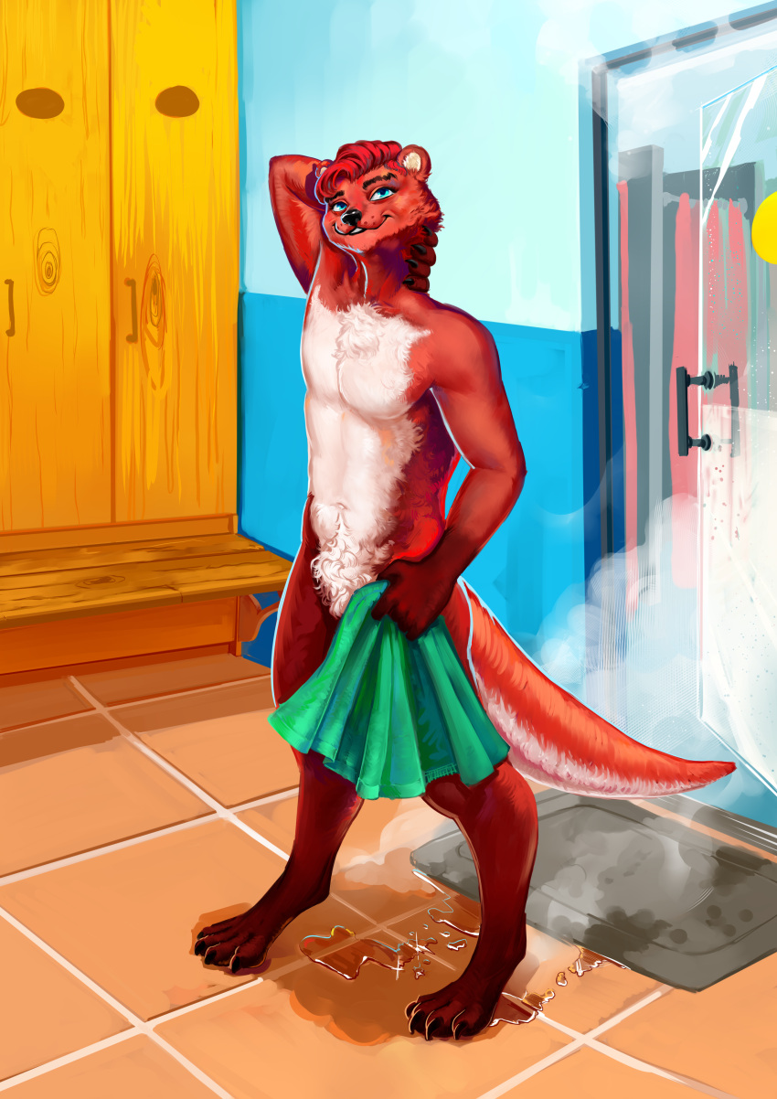 absurd_res anthro covering covering_crotch covering_self digital_media_(artwork) duckhere fur hair hi_res looking_at_viewer male mammal mustelid musteline nude nude_anthro nude_male otter shower smile smiling_at_viewer solo standing steam tail towel towel_only water wet