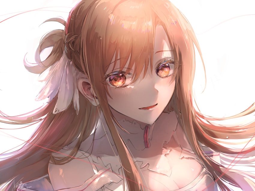 1girl asuna_(sao) asuna_(stacia) braid breasts brown_eyes brown_hair cleavage collar commentary dated detached_collar dress english_commentary french_braid hair_between_eyes hair_ribbon hibiya_saeki highres long_hair looking_at_viewer medium_breasts mixed-language_commentary open_mouth ribbon short_ponytail signature smile solo sword_art_online sword_art_online:_alicization upper_body white_background white_collar white_dress white_ribbon