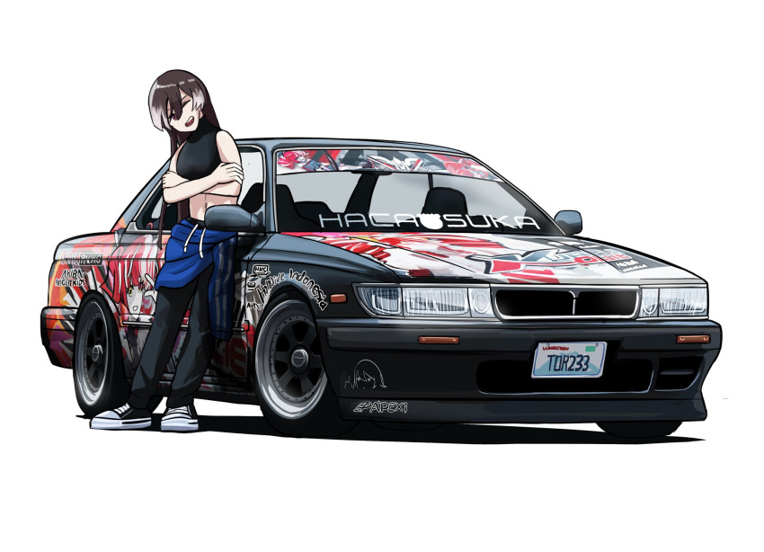 1girl airfryer1892 breasts brown_eyes car commission copyright_name cropped_shirt crossed_arms gradient_hair grey_hair head_tilt highres hololive hololive_english itasha kureiji_ollie license_plate long_hair medium_breasts midori_tsuki_(nickdoanut) motor_vehicle multicolored_hair nissan nissan_laurel one_eye_closed original second-party_source shadow smile vehicle_focus very_long_hair virtual_youtuber white_background