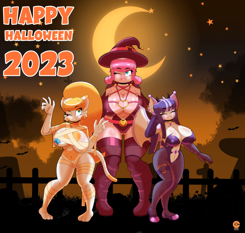 absurd_res anthro bat breasts clement_diana_mia cranebear domestic_cat domestic_pig felid feline felis female group halloween hi_res holidays jessica_young_melis magic_user mammal mummy pinup pose succubus suid suina sus_(pig) tricia_ren_sounhoff trio undead witch