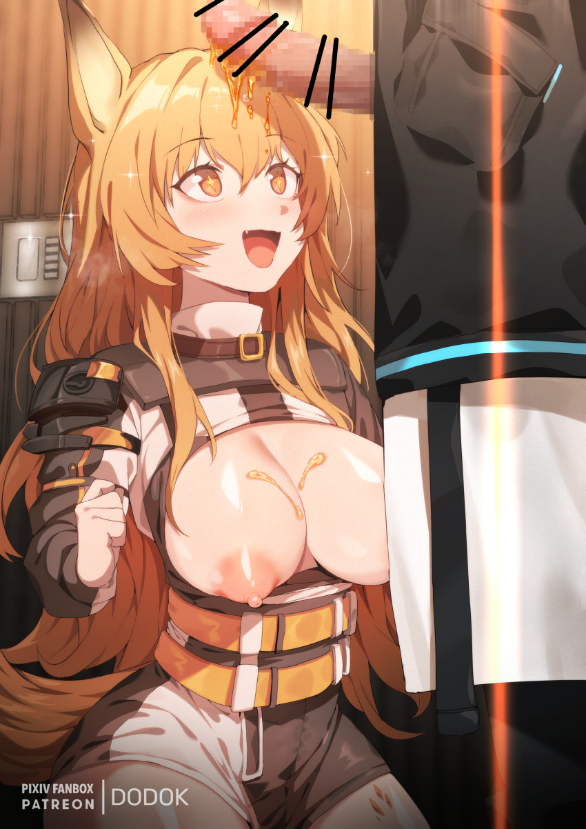 +_+ 1girl absurdres animal_ears arknights bar_censor breasts breasts_out censored ceobe_(arknights) doctor_(arknights) dodok_(gj77230) dog_ears dog_girl dog_tail erection fang gloves hetero highres large_breasts long_hair long_sleeves mosaic_censoring open_mouth orange_eyes orange_hair patreon_username penis solo_focus tail white_gloves