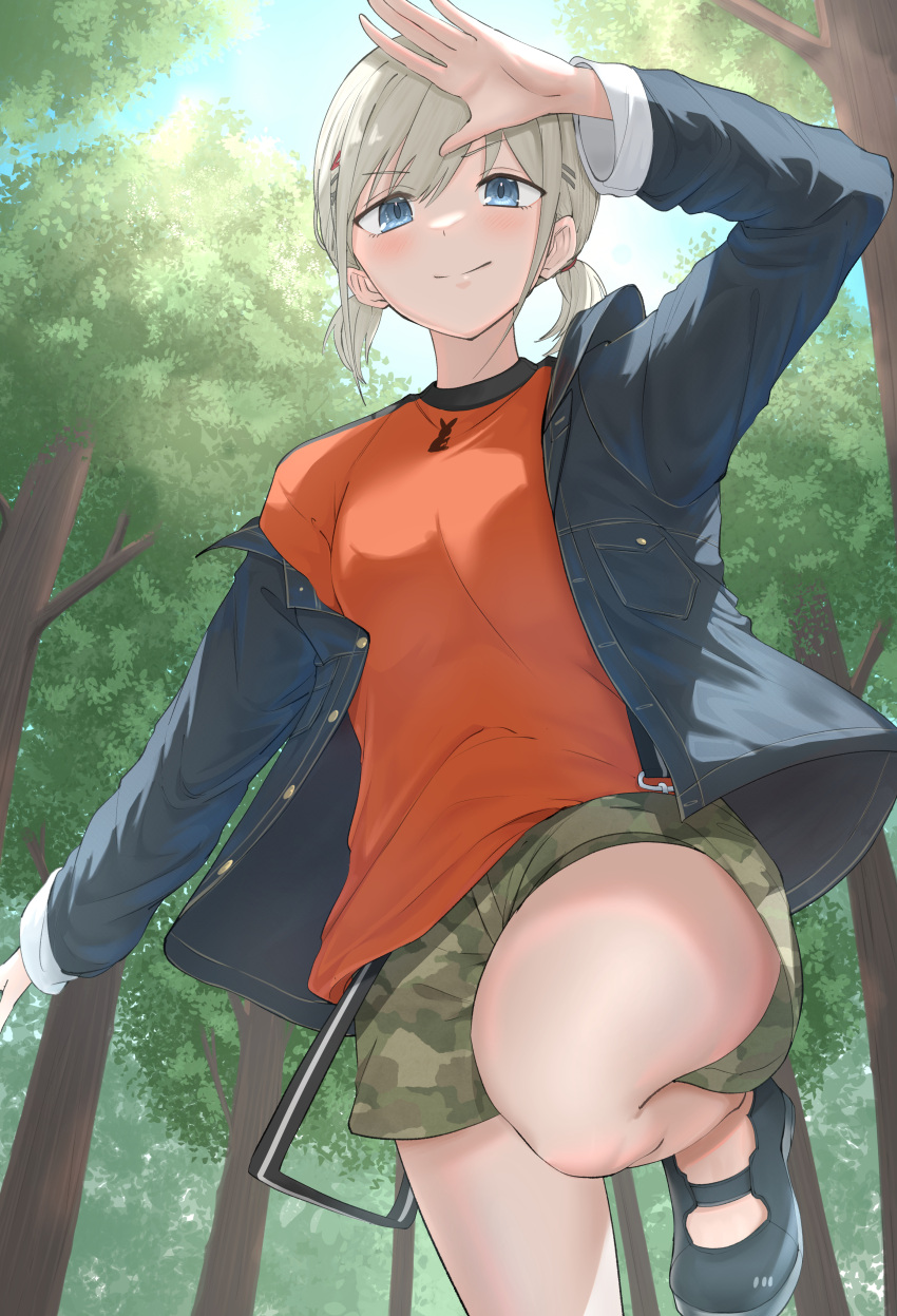 1girl absurdres arm_up blue_eyes blush breasts camouflage camouflage_shorts denim denim_jacket forest grey_hair highres idolmaster idolmaster_shiny_colors jacket looking_at_viewer nature orange_shirt outdoors serizawa_asahi shirt short_twintails shorts small_breasts smile solo standing standing_on_one_leg sunlight take978733141 twintails