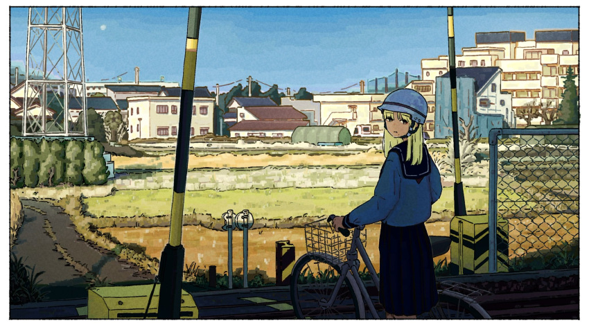 1girl bicycle bicycle_helmet black_sailor_collar black_skirt blonde_hair blue_shirt blue_sky boom_barrier border brown_eyes closed_mouth day feet_out_of_frame field from_behind helmet highres house long_hair long_sleeves looking_at_viewer looking_back ogistation original outdoors power_lines pushing_bicycle railroad_crossing road sailor_collar sailor_shirt scenery school_uniform serafuku shirt skirt sky solo standing straight_hair town utility_pole white_border wide_shot