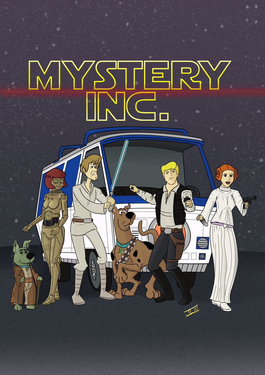 blaster blonde_hair c-3po canid canine canis chewbacca domestic_dog droid female great_dane group hair han_solo hanna-barbera hi_res human leia_organa lightsaber logan7ms luke_skywalker male mammal mastiff melee_weapon molosser orange_hair scooby-doo scooby-doo_(series) scrappy-doo shaggy_rogers star_wars weapon yoda yoda's_species