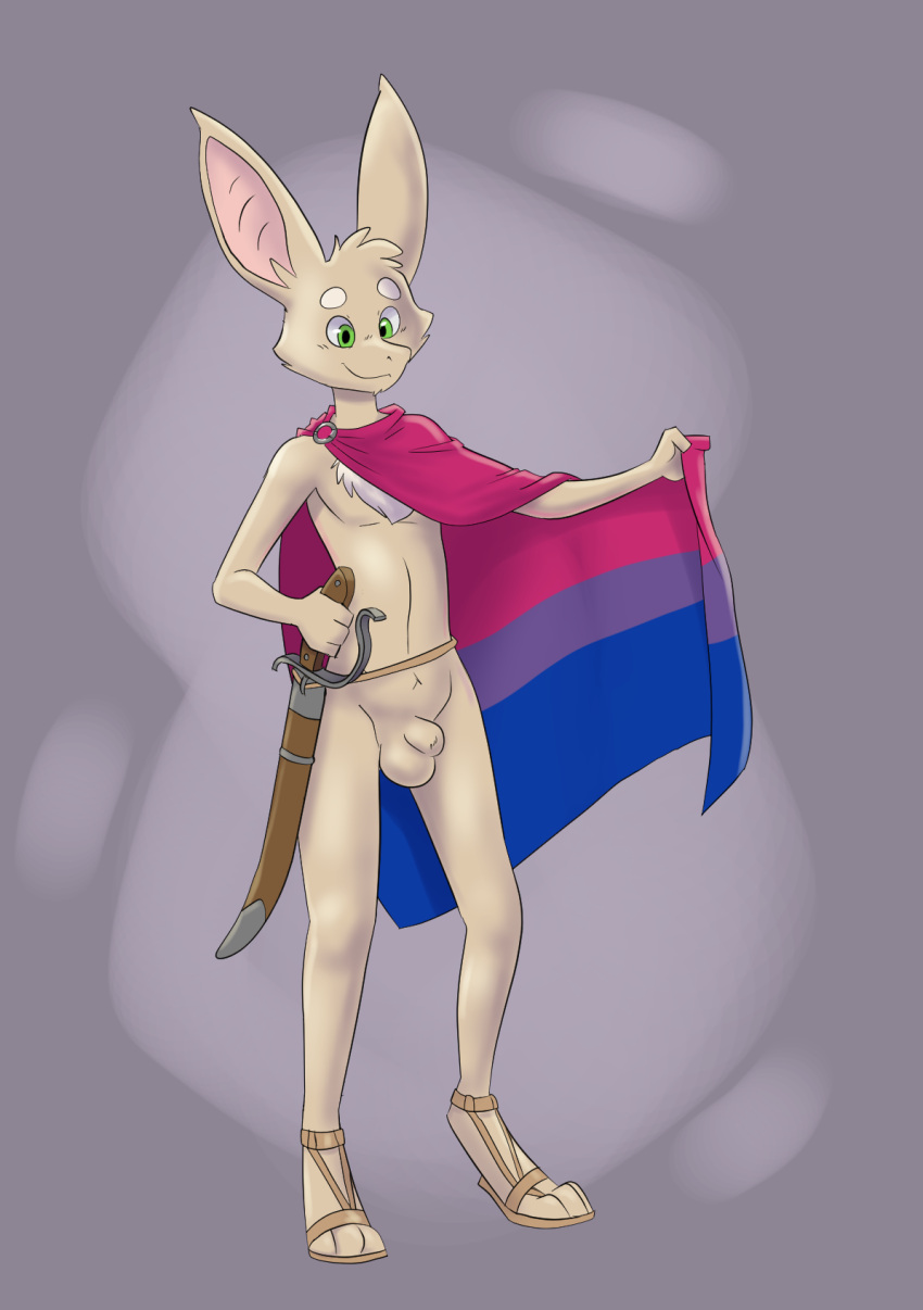 3_toes animal_genitalia anthro balls bat bisexual_pride_colors chest_tuft clothing feet flaccid footwear genitals green_eyes hi_res lgbt_pride long_ears male mammal melee_weapon metal_(artist) mostly_nude penis pride_colors sandals scabbard sheath smile solo standing sword toes tuft turo_of_akesh weapon wingless_bat