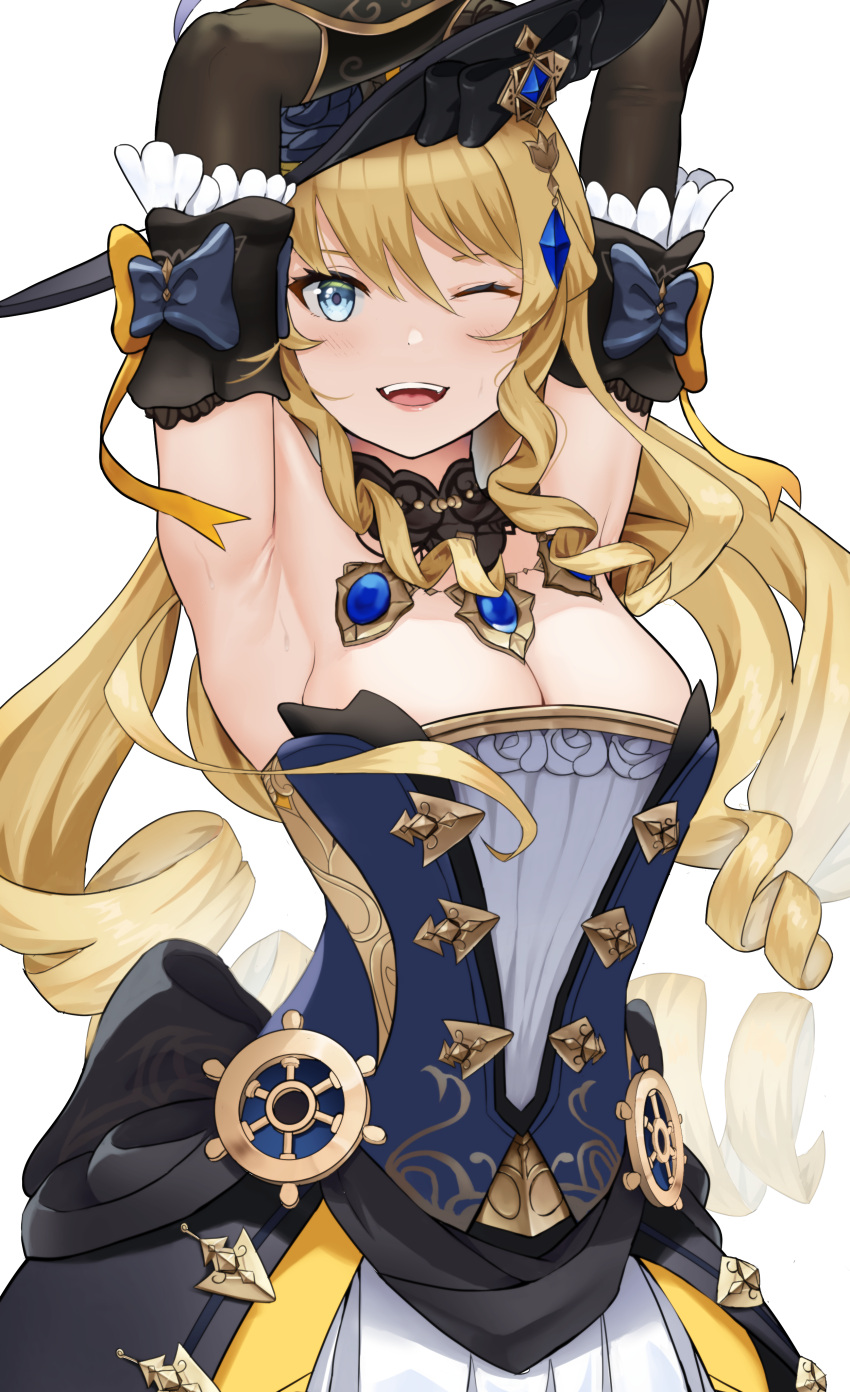 1girl ;d absurdres armpits arms_up black_headwear blonde_hair blue_eyes breasts cleavage commentary_request dress drill_hair elbow_gloves genshin_impact gloves herzu highres jewelry long_hair looking_at_viewer medium_breasts navia_(genshin_impact) necklace one_eye_closed open_mouth smile solo strapless strapless_dress upper_body very_long_hair