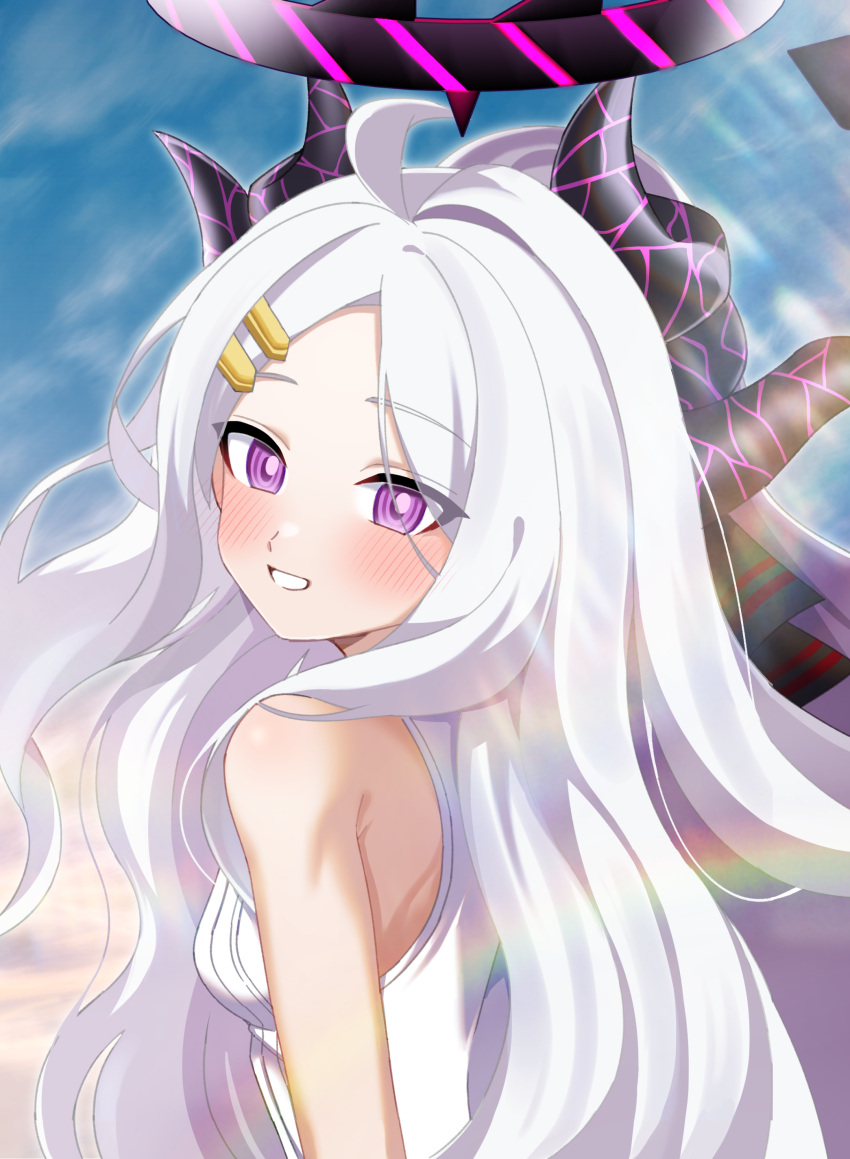 1girl absurdres ahoge black_horns blue_archive blush breasts demon_horns halo highres hina_(blue_archive) horns karaage_(xxxmido02) long_hair looking_at_viewer open_mouth purple_eyes sleeveless sleeveless_sweater small_breasts smile solo sweater upper_body very_long_hair white_hair white_sweater