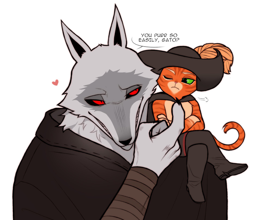 &lt;3 anthro arm_strap arm_wrapping arm_wraps armband armwear black_claws black_nose black_pupils black_sclera boots canid canine canis cape carrying claws cloak clothed clothing crossed_arms crossed_legs death_(puss_in_boots) dialogue domestic_cat dreamworks duo english_text eye_contact eyebrows facial_markings feathers felid feline felis fingernails flirtation flirting flirting_look fluffy footwear frown fur green_eyes green_sclera grey_body grey_fur grin half-closed_eyes half_naked happy hat hat_feather head_markings headgear headwear hi_res impressed interspecies interspecies_relationship long_tail looking_at_another looking_at_partner loose_feather male male/male mammal markings mask_(marking) multicolored_body multicolored_fur nails narrowed_eyes on_shoulder on_top on_top_of one_eye_closed orange_body orange_fur orange_stripes patto_pib pink_nose poncho prick_ears pupils puss_in_boots_(dreamworks) puss_in_boots_(film) puss_in_boots_the_last_wish red_eyes sharp_claws sharp_fingernails sharp_nails shoes simple_background sitting sitting_on_another size_difference slit_pupils smile smirk spanish_text speech_bubble standing striped_body striped_fur striped_markings striped_tail stripes tabby_cat tail tail_markings talking_to_another talking_to_partner teasing teeth text tsundere two_tone_body two_tone_fur white_background white_body white_eyebrows white_fur wolf wrap wrapped_arms wraps