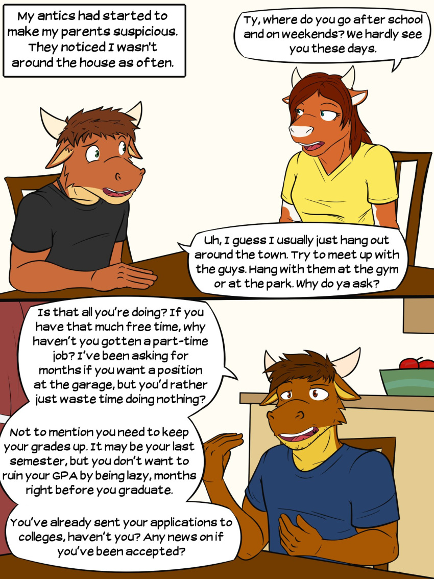 anthro bovid bovine cattle chair clothed clothing comic dialogue english_text father_(lore) female fully_clothed furniture fuze group hi_res male mammal michael_conrad mother_(lore) on_chair parent_(lore) shirt sitting sitting_on_chair son_(lore) t-shirt texnatsu text topwear trio ty_conrad