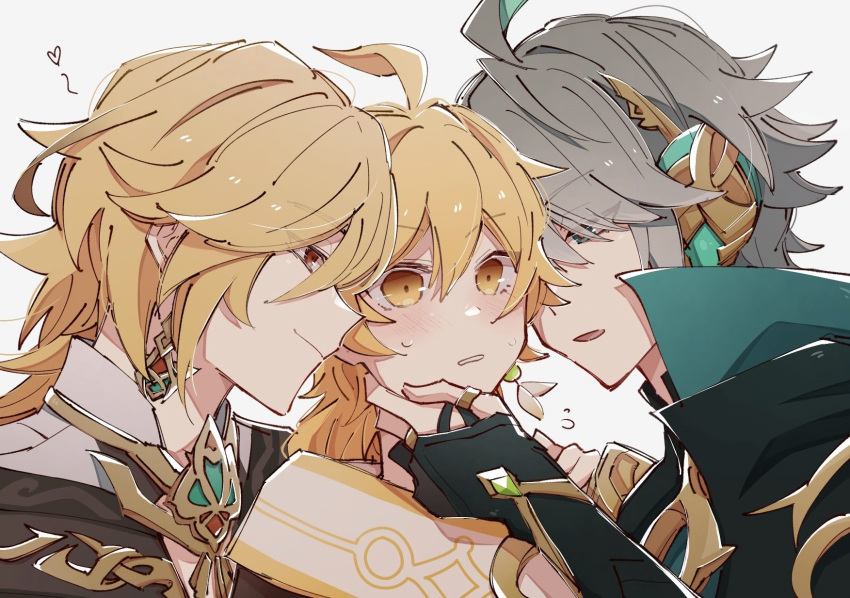 3boys aether_(genshin_impact) ahoge alhaitham_(genshin_impact) black_gloves blonde_hair blush braid braided_ponytail closed_mouth commentary_request earrings eyes_visible_through_hair flying_sweatdrops gem genshin_impact gloves gold_trim green_eyes green_gemstone grey_hair hair_between_eyes hair_over_one_eye hand_on_another's_chin hand_up headphones heart highres jewelry jifu_(gifu_7) kaveh_(genshin_impact) long_hair looking_at_another male_focus multiple_boys necklace open_mouth partially_fingerless_gloves profile red_eyes scarf shirt short_hair sidelocks simple_background single_braid single_earring smile sweat swept_bangs upper_body white_background white_scarf white_shirt yaoi yellow_eyes
