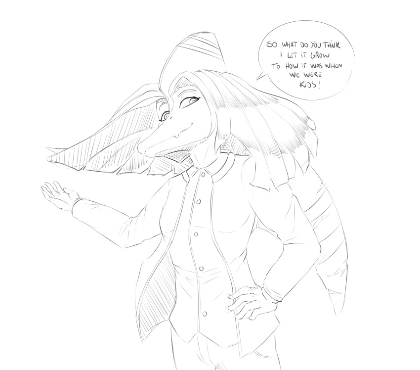 2023 alternate_hairstyle anthro badfidhell broken_wing clothing dialogue dinosaur dress_shirt english_text fingers goodbye_volcano_high hair hand_on_hip hand_on_own_hip hi_res jacket long_hair looking_at_viewer male monochrome naser_(gvh) pterodactylus pterosaur reptile scalie shirt smile snoot_game_(fan_game) snout solo talking_to_viewer text topwear wings