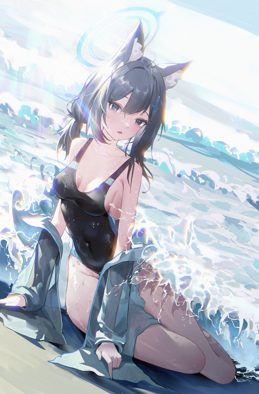 1girl absurdres animal_ear_fluff animal_ears black_one-piece_swimsuit blue_archive blue_eyes blue_jacket breasts competition_swimsuit covered_navel cross_hair_ornament dutch_angle extra_ears grey_hair hair_ornament halo highres jacket kyky_(-kyky) low_ponytail medium_breasts medium_hair mismatched_pupils multicolored_clothes multicolored_swimsuit official_alternate_costume one-piece_swimsuit shiroko_(blue_archive) shiroko_(swimsuit)_(blue_archive) solo swimsuit waves wolf_ears