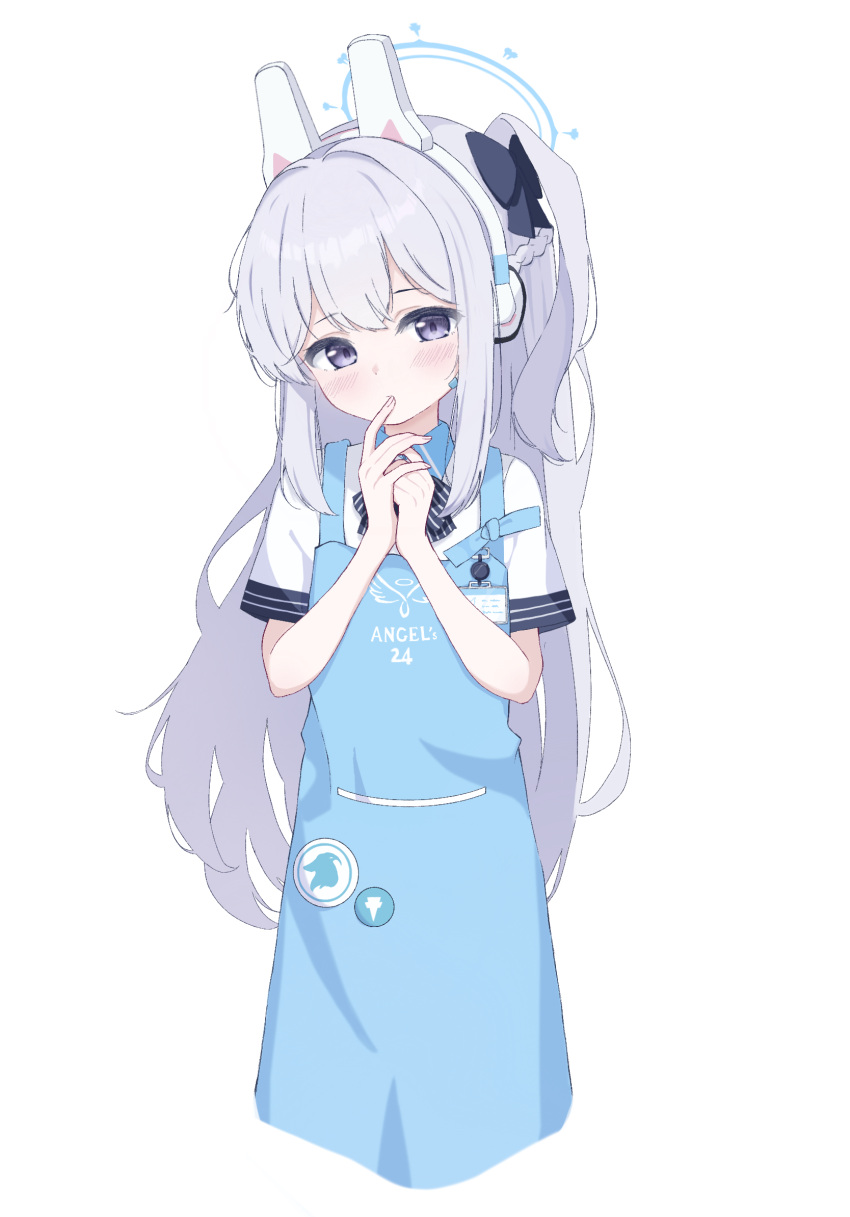 1girl angel's_24_uniform_(blue_archive) animal_ears apron blue_apron blue_archive blush braid cram960 crown_braid fake_animal_ears grey_hair hair_between_eyes highres long_hair looking_at_viewer miyako_(blue_archive) miyako_(lawson)_(blue_archive) official_alternate_costume one_side_up polo_shirt purple_eyes rabbit_ears shirt short_sleeves simple_background solo upper_body white_background white_shirt