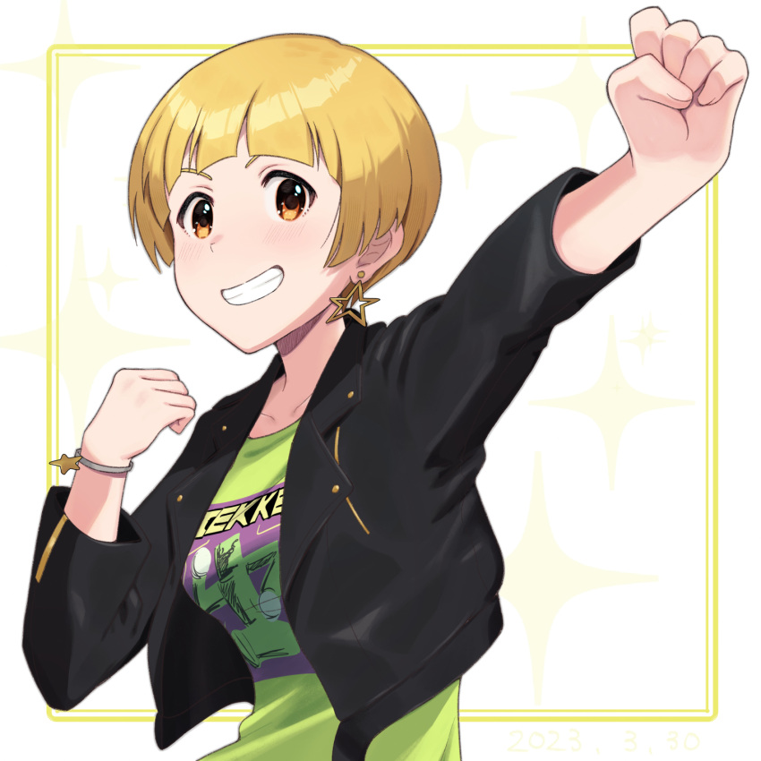 1girl akaimo black_jacket blonde_hair bracelet clenched_hand earrings fukuda_noriko green_shirt grin highres idolmaster idolmaster_million_live! idolmaster_million_live!_theater_days jacket jewelry looking_at_viewer shirt short_hair simple_background smile solo star_(symbol) star_earrings upper_body white_background yellow_eyes