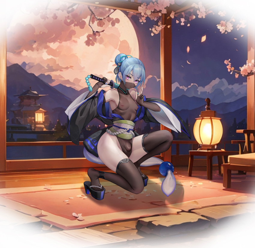 1boy absurdres architecture arknights black_gloves black_thighhighs blue_hair blue_nails blush bulge east_asian_architecture elbow_gloves full_moon gins gloves hair_bun high_heels highres holding holding_weapon huge_moon japanese_clothes kimono lantern leotard looking_at_viewer male_focus mask mizuki_(arknights) moon mouth_mask nipple_piercing nipples otoko_no_ko piercing purple_eyes sandals sash see-through single_hair_bun smile solo squatting thighhighs tiptoes weapon