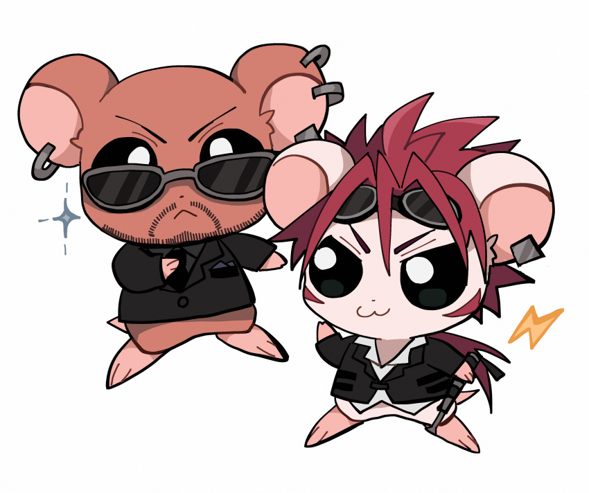 &gt;:) 2boys absurdres alternate_universe animal animal_ears black_necktie black_shirt black_suit closed_mouth collared_shirt crossover earrings facial_hair facial_mark final_fantasy final_fantasy_vii goggles goggles_on_head hamster hamster_ears hamtaro_(series) highres holding holding_weapon hoop_earrings jewelry lightning_bolt_symbol male_focus messy_hair multiple_boys necktie ponytail red_hair reno_(ff7) rude_(ff7) serious shirt silver_earrings suit sunglasses ttnoooo v-shaped_eyebrows weapon white_background white_shirt
