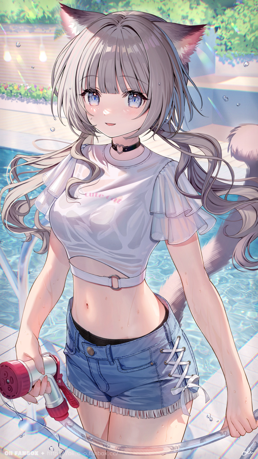 1girl animal_ear_fluff animal_ears artist_name black_choker black_panties blue_eyes blue_shorts blush bra_visible_through_clothes breasts cat_ears cat_girl cat_tail choker cowboy_shot crop_top day fanbox_username grey_hair heart heart_choker highres holding holding_shower_head light_blush long_hair looking_at_viewer low_twintails medium_breasts navel o-ring oli open_mouth original outdoors panties pool poolside see-through shirt short_shorts short_sleeves shorts shower_head signature smile solo standing stomach summer tail text_print thighs tile_floor tiles twintails underwear water water_drop water_pipe web_address wet wet_clothes white_shirt