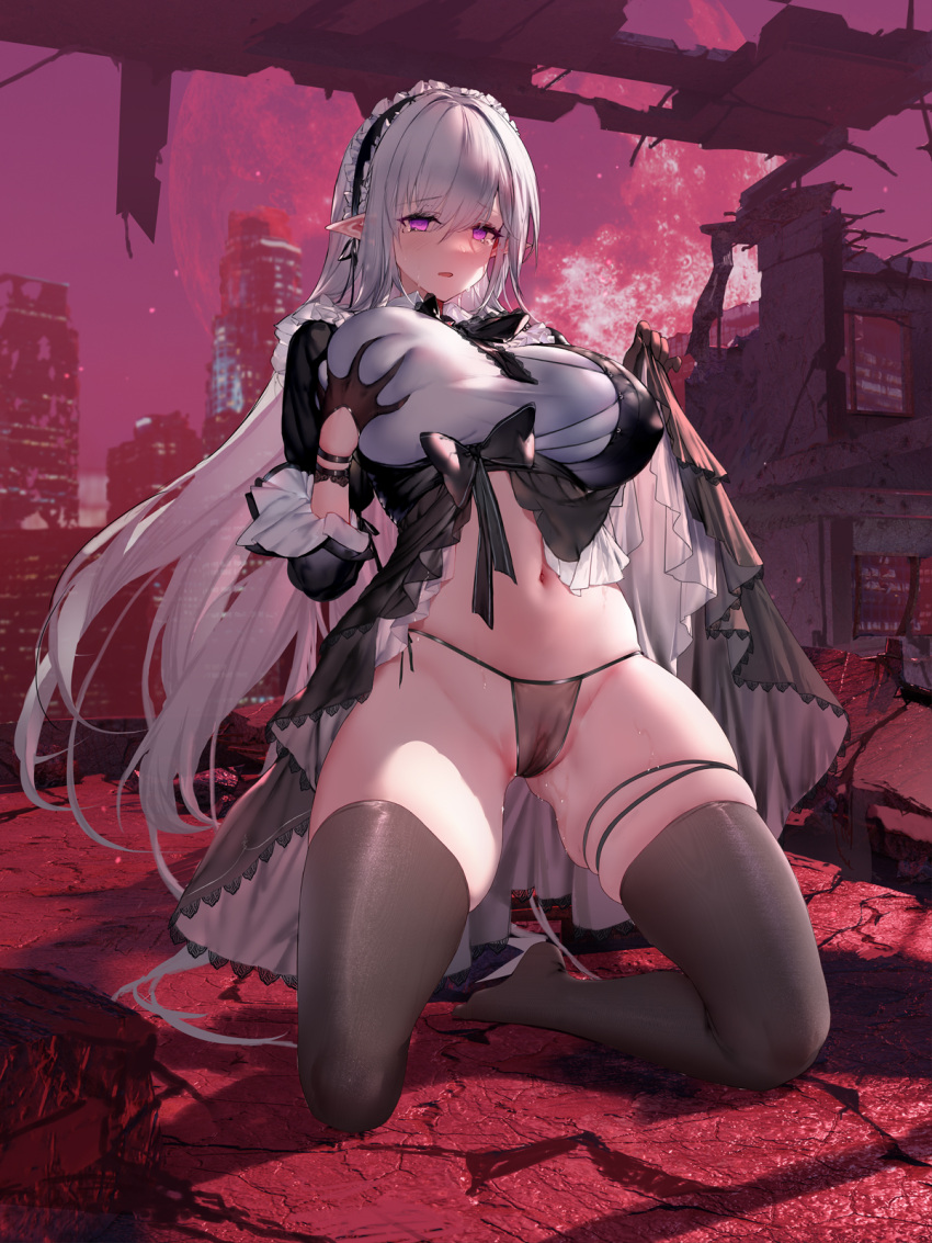 1girl black_bow black_dress black_gloves black_hairband black_thighhighs bow breasts building city closers clothes_lift commentary_request deep_skin dress dress_lift frilled_hairband frills gloves grabbing_own_breast hair_between_eyes hairband half_gloves highres kneeling large_breasts levia_(closers) lifted_by_self long_hair looking_at_viewer moon navel no_pupils no_shoes outdoors panties parted_lips pointy_ears post-apocalypse purple_eyes pussy pussy_juice red_moon ruins see-through_panties shirt skindentation sleeves_past_elbows solo string_panties swd3e2 tearing_up thigh_strap thighhighs underwear very_long_hair white_hair white_shirt