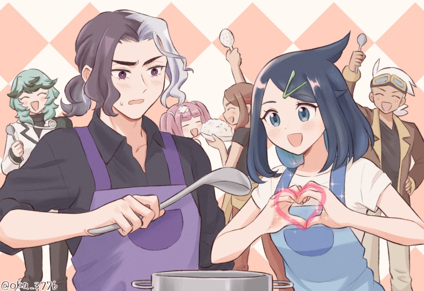 3boys 3girls :d amethio_(pokemon) apron arm_up black_hair blue_apron blush bright_pupils collared_shirt commentary_request cooking_pot cowlick eyelashes friede_(pokemon) green_hair hair_ornament hairclip heart heart_hands highres holding holding_ladle ladle liko_(pokemon) looking_down multicolored_hair multiple_boys multiple_girls oka_3776 open_mouth orla_(pokemon) pokemon pokemon_(anime) pokemon_horizons ponytail purple_apron purple_eyes rice sango_(pokemon) shirt short_sleeves smile sparkle spinel_(pokemon) sweatdrop t-shirt twitter_username two-tone_hair white_shirt