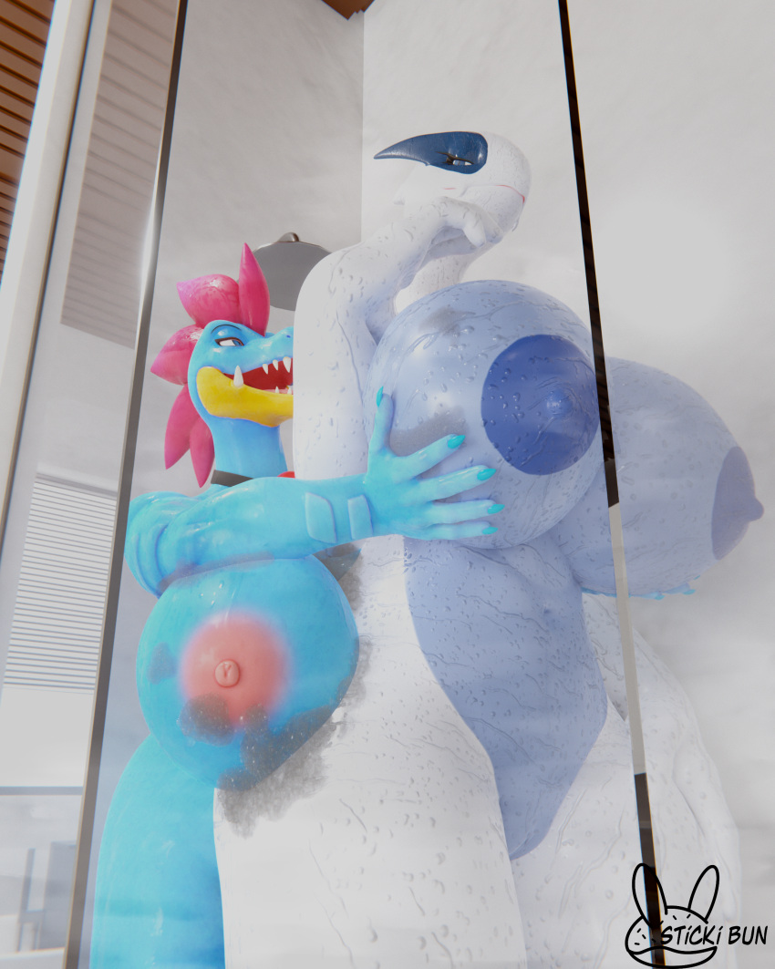 2022 3d_(artwork) absurd_res anthro areola bathing bathroom big_breasts blue_body breast_grab breasts digital_media_(artwork) duo eye_contact female female/female feraligatr generation_2_pokemon genitals grope groping_from_behind hand_on_breast hi_res holding_breast huge_breasts legendary_pokemon looking_at_another looking_back looking_pleasured lugia nintendo nipples nude open_mouth pink_areola pink_nipples pokemon pokemon_(species) pokemorph pussy reptile scalie shower showering size_difference smile standing steam sticki_bun suds thick_thighs tongue tongue_out water wet yugia_(evov1) yuki_(evov1) yukigatr_(evov1)