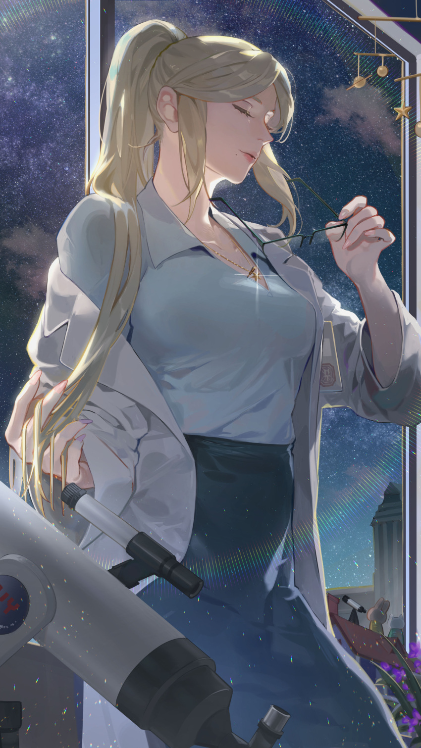 1girl absurdres blonde_hair blue_skirt breasts closed_eyes closed_mouth collared_shirt eyewear_removed high_ponytail highres holding holding_removed_eyewear jewelry lab_coat long_skirt medium_breasts necklace night night_sky original shirt sidelocks skirt sky solo space star_(sky) starry_sky telescope uyuyuun white_shirt window