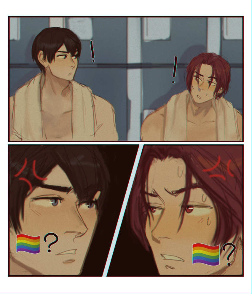 ! 2boys ? anger_vein annoyed bara close-up eye_contact free! highres juni_(iloveyouapollo) locker locker_room looking_at_another male_focus matsuoka_rin meme multiple_boys nanase_haruka_(free!) pride_flag_question_mark_(meme) rainbow_flag sequential short_hair sideburns toned toned_male topless_male towel towel_around_neck upper_body