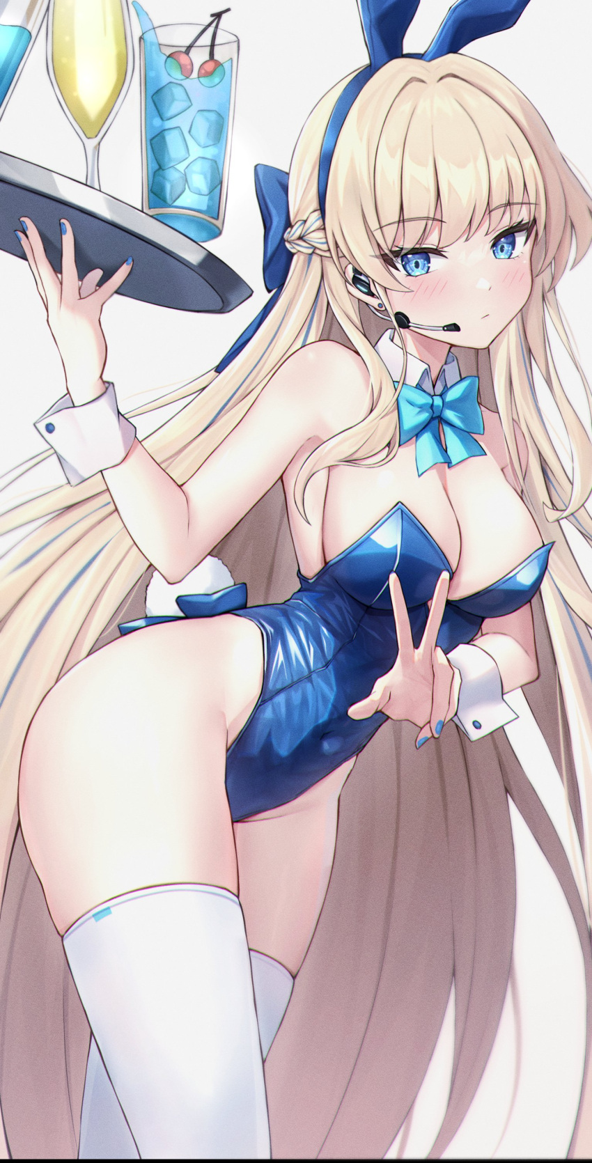 1girl absurdres animal_ears blonde_hair blue_archive blue_eyes blue_nails breasts cherry cup drinking_glass food fruit halo highleg highleg_leotard highres holding holding_tray ice ice_cube leotard medium_breasts microphone nail_polish official_alternate_costume playboy_bunny rabbit_ears reneua revision sideboob solo thighhighs thighs toki_(blue_archive) toki_(bunny)_(blue_archive) tray v white_thighhighs wrist_cuffs