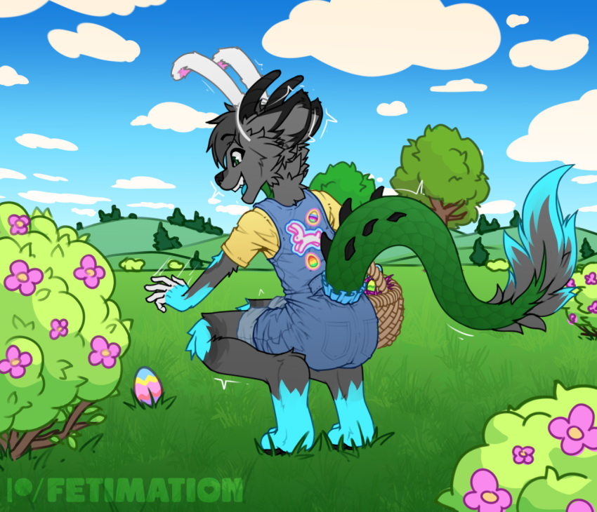 anthro basket biped canid canine clean_diaper clothed clothing container crouching diaper diaper_under_clothing digital_media_(artwork) easter easter_basket easter_egg english_text fake_ears fake_rabbit_ears fetimation fur holidays male mammal multicolored_body multicolored_fur open_mouth raizu_(paddedraizu) smile solo tail text wearing_diaper
