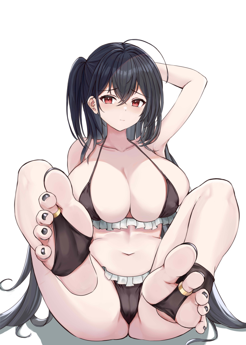 1girl absurdres armpits azur_lane bikini black_bikini black_hair black_nails black_socks breasts bridal_legwear cleavage closed_mouth feet foot_focus foreshortening frilled_bikini frills full_body hair_between_eyes highres huge_breasts kanesada_dp knees_up long_hair looking_at_viewer nail_polish navel no_shoes on_floor red_eyes simple_background sitting socks soles solo stomach swimsuit taihou_(azur_lane) toenail_polish toenails toes white_background