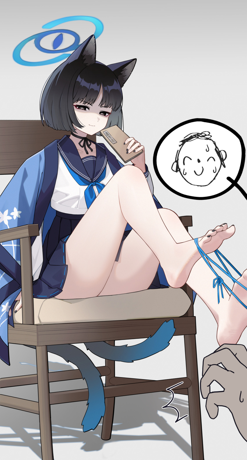 1boy 1girl absurdres animal_ears arona's_sensei_doodle_(blue_archive) ass barefoot black_choker black_eyes black_hair black_nails blue_archive blue_kimono blue_neckerchief blue_sailor_collar blue_skirt book bright_pupils cat's_cradle cat_ears cat_tail choker closed_mouth collarbone eyeshadow feet grey_background halo highres holding holding_book japanese_clothes kikyou_(blue_archive) kimono kimono_on_shoulders legs makeup nail_polish narrowed_eyes neckerchief on_chair parted_bangs pleated_skirt red_eyeshadow ribbon_choker sailor_collar school_uniform sensei_(blue_archive) serafuku shaded_face shirt short_hair simple_background sitting skirt smile soles solo_focus split_tail spoken_character tail tangye_(artist) thighs toenail_polish toenails white_pupils white_shirt