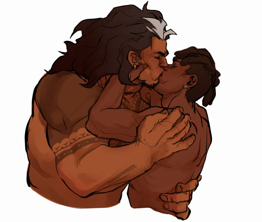 2boys baptiste_(overwatch) bara beard cropped_torso dark-skinned_male dark_skin dreadlocks facial_hair from_side hand_on_another's_cheek hand_on_another's_face jona-draws kiss large_hands male_focus mature_male mauga_(overwatch) multiple_boys muscular muscular_male nude overwatch overwatch_1 pectorals shoulder_tattoo size_difference tattoo thick_eyebrows yaoi