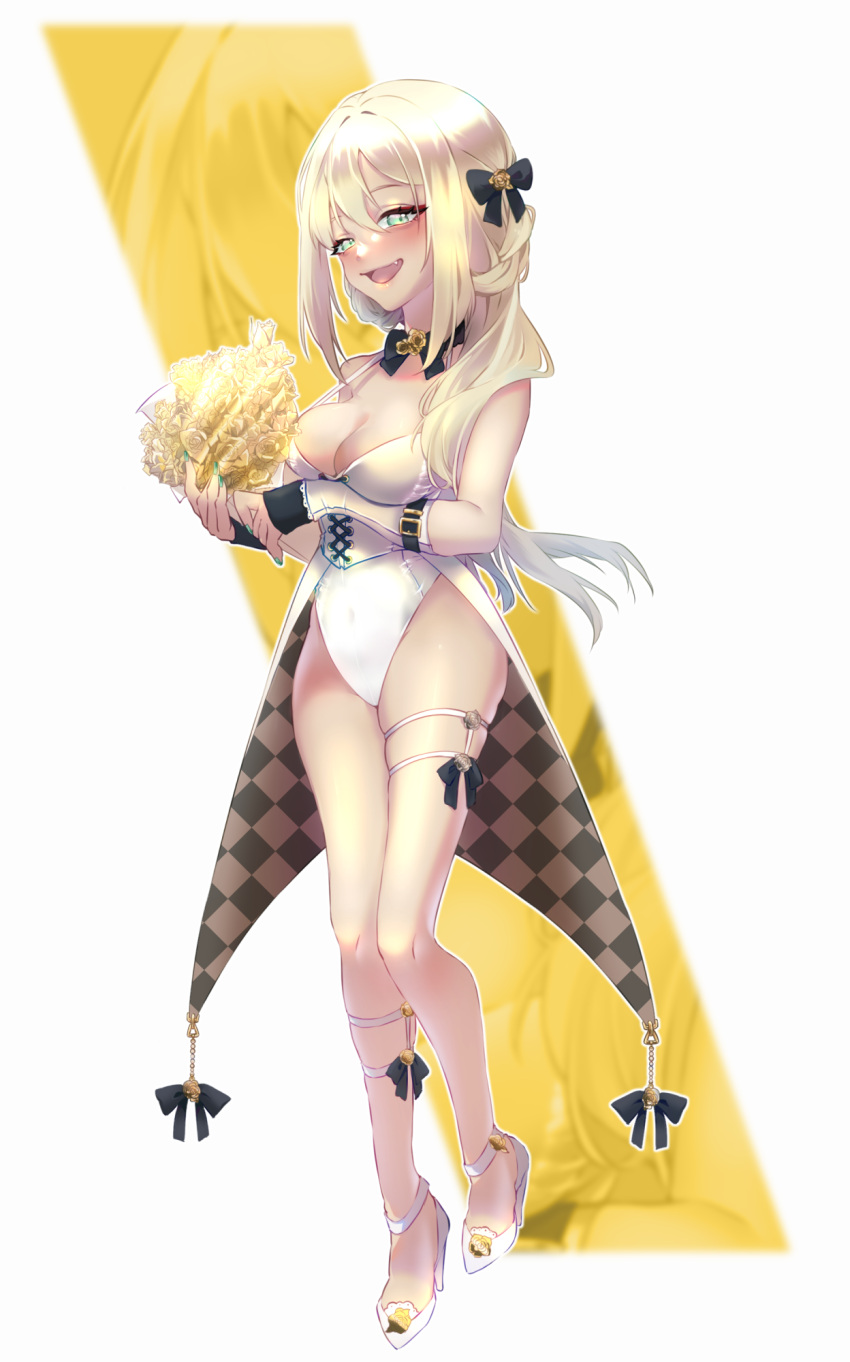 1girl alternate_costume alternate_hairstyle black_choker blonde_hair bouquet bracelet breasts choker cleavage fang flower full_body goddess_of_victory:_nikke green_eyes hair_down happy high_heels highres holding holding_bouquet jewelry long_hair rose rupee_(nikke) shirt_gt smile yellow_flower yellow_rose