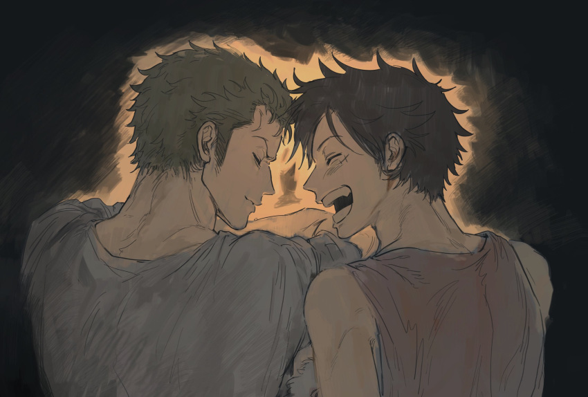 2boys :d back bara black_eyes black_hair closed_eyes couple from_behind green_hair highres male_focus monkey_d._luffy multiple_boys one_piece open_mouth red_vest roronoa_zoro scar scar_on_cheek scar_on_chest scar_on_face shirt short_hair side-by-side sideburns simple_background sitting smile toned toned_male upper_body vest white_shirt yaoi yayarunaway