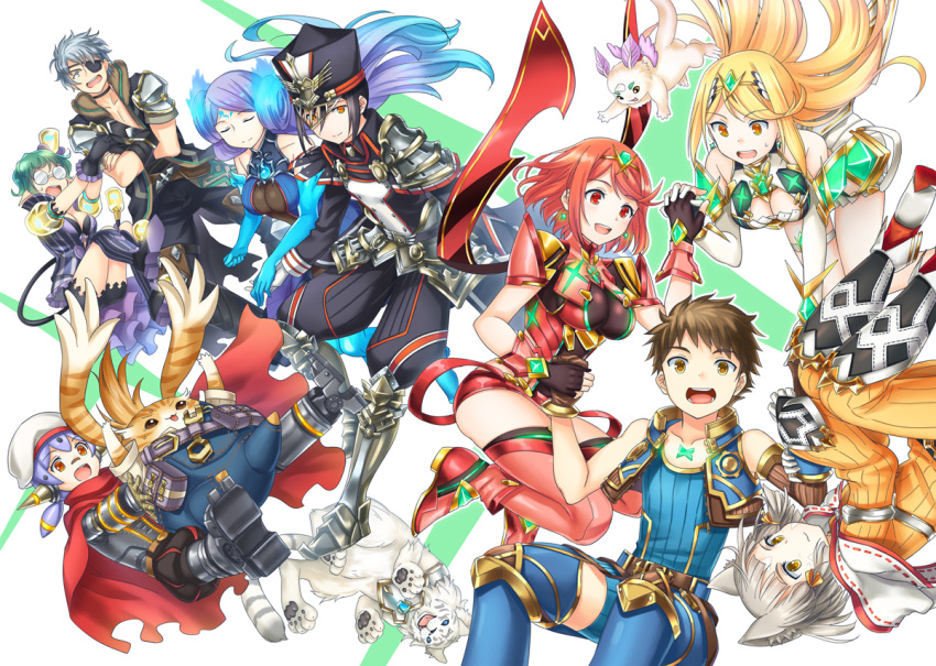 2boys 6+girls android animal_ears armor black_hair blonde_hair blunt_bangs bodysuit breasts brighid_(xenoblade) cat_ears closed_eyes collarbone commentary_request covered_navel dromarch_(xenoblade) earrings fingerless_gloves fire gem gloves grey_hair hat headpiece jewelry large_breasts long_hair looking_at_viewer medium_breasts military military_hat military_uniform mizuki_riko morag_ladair_(xenoblade) multiple_boys multiple_girls mythra_(xenoblade) nia_(xenoblade) open_mouth pandoria_(xenoblade) pauldrons poppi_(xenoblade) poppi_alpha_(xenoblade) purple_hair pyra_(xenoblade) red_eyes red_hair red_shorts revision rex_(xenoblade) ribbon short_hair shorts shoulder_armor simple_background smile swept_bangs tiara tora_(xenoblade_2) uniform white_background white_gloves xenoblade_chronicles_(series) xenoblade_chronicles_2 yellow_eyes